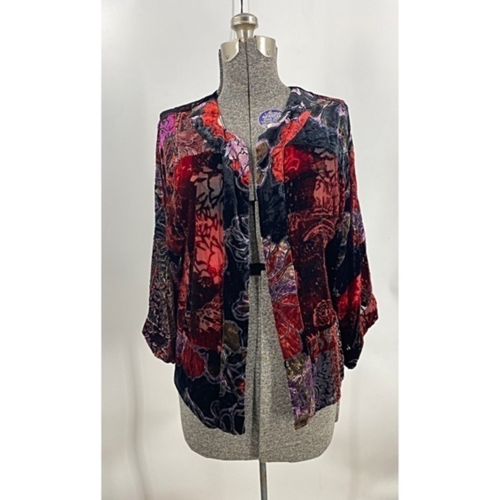 Chicos velvet floral print burn out open front Komono jacket S/1